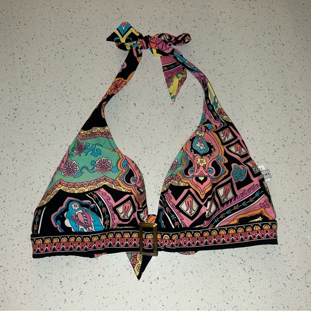 Trina Turk Printed Halter Bikini Top Buckle Front Retro Boho Swim D Cup - Picture 2 of 7